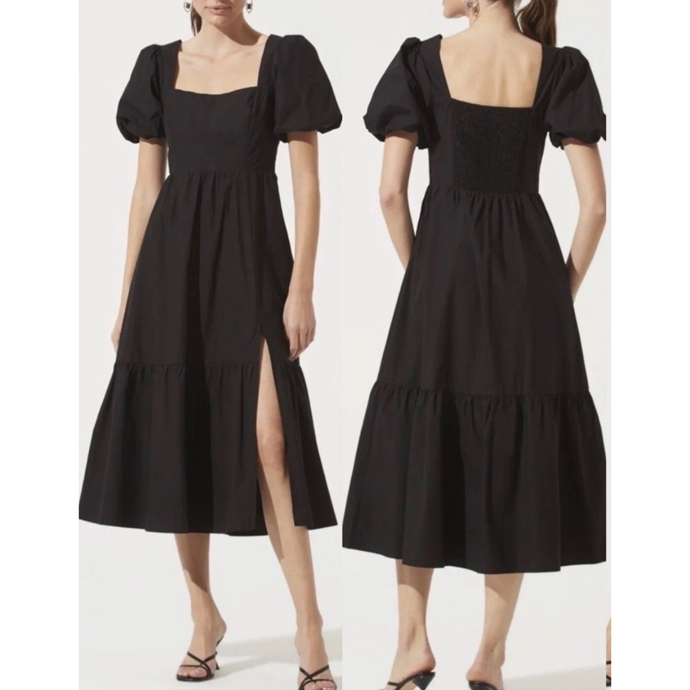 ASTR The Label Black Puff Sleeve Tiered Midi Dress Square Neck Cotton NWT
